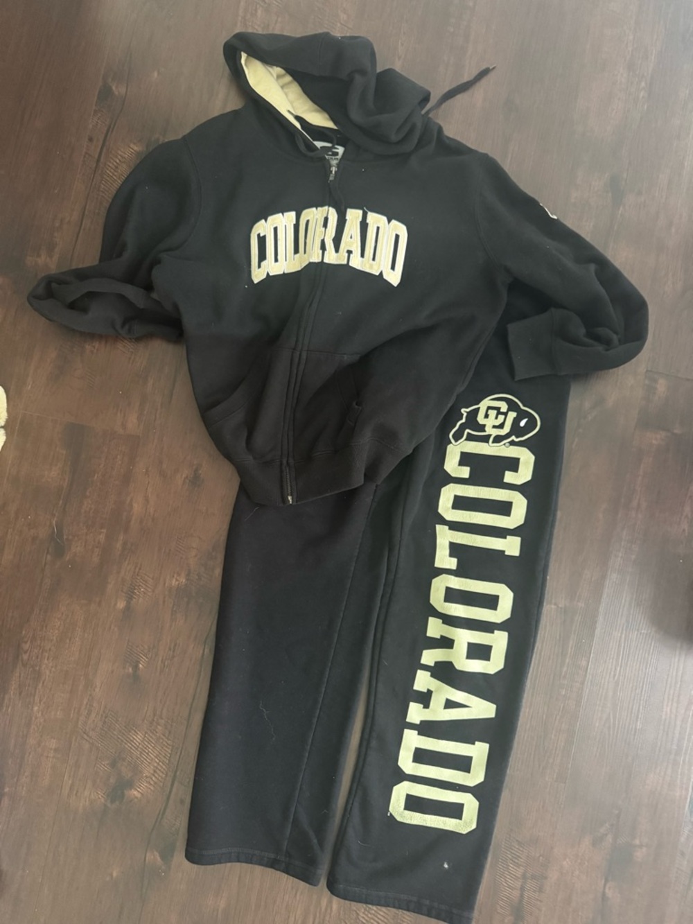 UNIVERSITY OF COLORADO BOULDER FULL ZIP HOODIE SWEATPANTS LARGE BLACK GOLD BUFFS